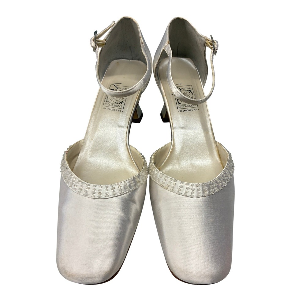 Special Occasions Beaded Satin Pumps Heels Womens 9 Silver Bridal Wedding VTG